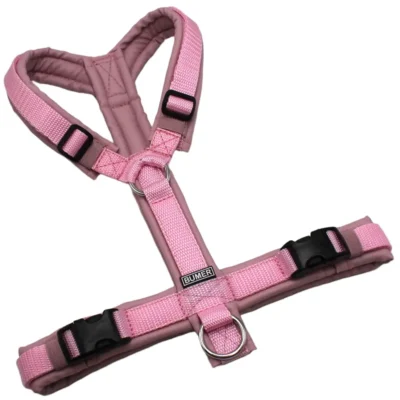 BUMER Hundegeschirr, Größe S/M, Gurtband: PREMIUM X Rosenzart, Oxford: Pudergrau, Ringe: silberfarbig (Edelstahl), Schnallen: schwarz (DURAFLEX®)