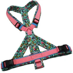 BUMER Hundegeschirr, Größe XL, Gurtband PREMIUM Perlmutt Rosa, Softshell Tropical Splash, Ringe silberfarbig (Edelstahl), Schnallen schwarz (DURAFLEX®)