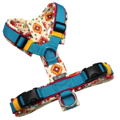 BUMER Hundegeschirr, Größe XS, Gurtband PREMIUM Blue Lagoon, Softshell: Desi Summer, Ringe silberfarbig (Edelstahl), Schnallen schwarz (DURAFLEX®)