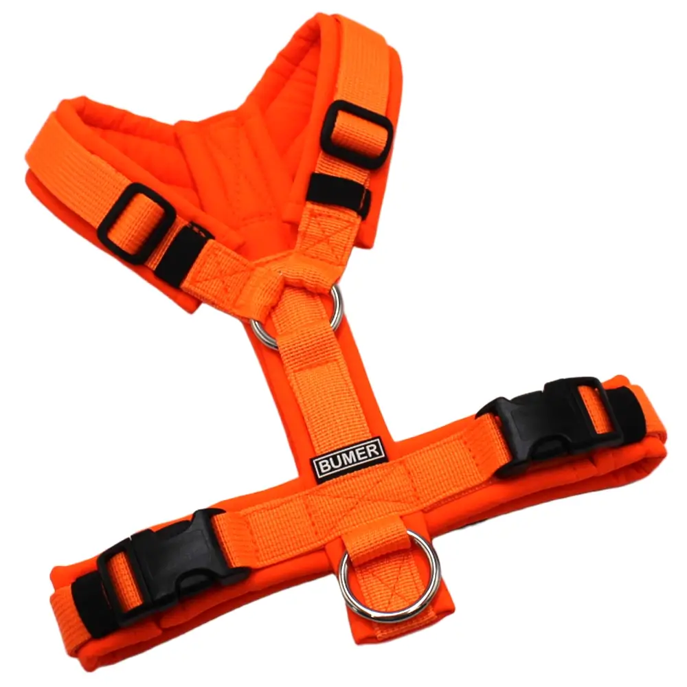 BUMER Hundegeschirr, Größe XS, Gurtband PREMIUM Electric Pumpkin, Softshell Neonorange, Ringe silberfarbig (Edelstahl), Schnallen schwarz (DURAFLEX®)