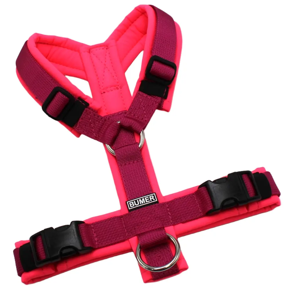 BUMER Hundegeschirr, Größe XS, Gurtband PREMIUM Fuchsia Flare, Softshell Neonpink, Ringe silberfarbig (Edelstahl), Schnallen schwarz (DURAFLEX®)