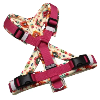 BUMER Hundegeschirr, Größe XS, Gurtband: PREMIUM Himbeer Sorbet, Softshell: Desi Summer, Ringe: silberfarbig (Edelstahl), Schnallen: schwarz (DURAFLEX®), Trackerschlaufe