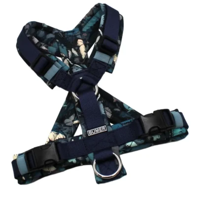 BUMER Hundegeschirr, Größe XS, Gurtband: PREMIUM Midnight Indigo, Softshell: Mondflügel, Ringe: silberfarbig (Edelstahl), Schnallen: schwarz (DURAFLEX®)