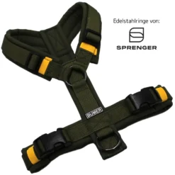 BUMER Hundegeschirr, Größe XS, Gurtband PREMIUM Wiesensalbei, Softshell Olive, Ringe schwarz (Edelstahl), Schnallen schwarz (DURAFLEX®)