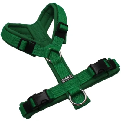 BUMER Hundegeschirr, Größe XS, Gurtband: Standard PLUS Gras Green, Softshell: Farngrün, Ringe: silberfarbig (Edelstahl), Schnallen: schwarz (DURAFLEX®)