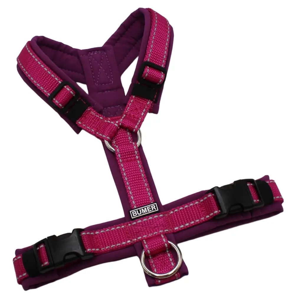 BUMER Hundegeschirr, Größe XS/S, Gurtband Fuchsia REFLEX, Softshell Purplesky, Ringe silberfarbig (Edelstahl), Schnallen schwarz (DURAFLEX®)