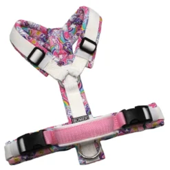 BUMER Hundegeschirr, Größe XS/S, Gurtband PREMIUM Silken Snow, Softshell Einhorn Fröhlich, Ringe silberfarbig (Edelstahl), Schnallen schwarz (DURAFLEX®)