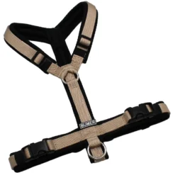 BUMER Hundegeschirr, Größe XS/S, Gurtband PREMIUM Soft Beige (15mm), MESH schwarz, Ringe silberfarbig (Edelstahl), Schnallen schwarz (DURAFLEX®)