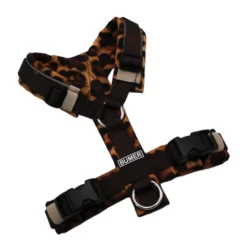 BUMER Hundegeschirr, Größe XXS, Gurtband PREMIUM Cocoa Bean, Softshell Leopard Leo #5, Ringe silberfarbig (Edelstahl), Schnallen schwarz (DURAFLEX®), Zusatzring