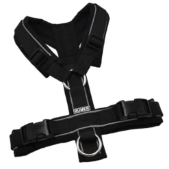 BUMER Hundegeschirr, Größe XXS, Gurtband PREMIUM Pitch Black, Softshell Schwarz, Ringe silberfarbig (Edelstahl), Schnallen schwarz (DURAFLEX®)