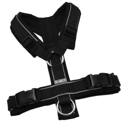 BUMER Hundegeschirr, Größe M, Gurtband: PREMIUM Pitch Black, Softshell: Schwarz, Ringe: silberfarbig (Edelstahl), Schnallen: schwarz (DURAFLEX®)