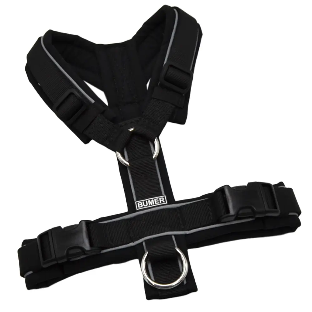 BUMER Hundegeschirr, Größe XXS, Gurtband PREMIUM Pitch Black, Softshell Schwarz, Ringe silberfarbig (Edelstahl), Schnallen schwarz (DURAFLEX®)