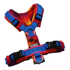 BUMER Hundegeschirr, Größe XXS, Gurtband PREMIUM X Blue, Softshell Sunset `94, Ringe silberfarbig (Edelstahl), Schnallen schwarz (DURAFLEX®)