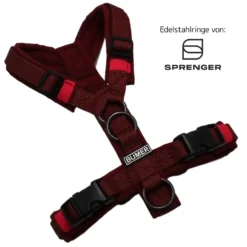 BUMER Hundegeschirr, Größe XXS, Gurtband PREMIUM X Bordeaux, Softshell Bordeaux, Ringe schwarz (Edelstahl), Schnallen schwarz (DURAFLEX®)