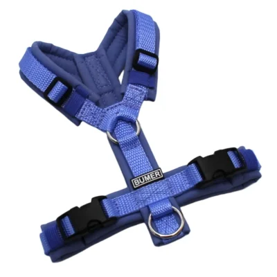 BUMER Hundegeschirr, Größe XXS, Gurtband: PREMIUM X Light Blue, Softshell: Schieferblau, Ringe: silberfarbig (Edelstahl), Schnallen: schwarz (DURAFLEX®)