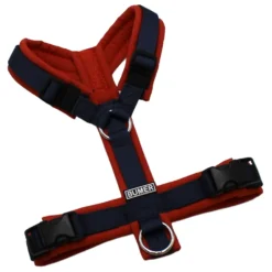 BUMER Hundegeschirr, Größe XXS/XS, Gurtband PREMIUM Midnight Indigo, Softshell Cayenne Spice, Ringe silberfarbig (Edelstahl), Schnallen schwarz (DURAFLEX®)