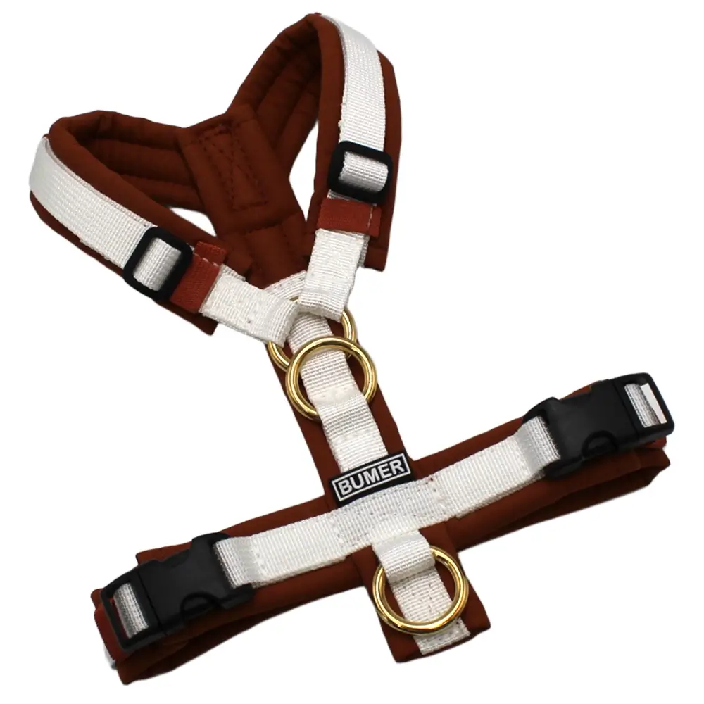 BUMER Hundegeschirr, Größe XXS/XS, Gurtband PREMIUM Silken Snow, Softshell Karamell, Ringe goldfarbig, Schnallen schwarz (DURAFLEX®)