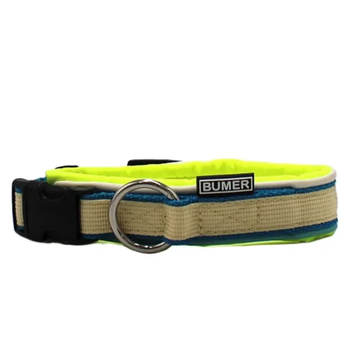 BUMER STACK IT® Steckhalsband, Halsumfang 30-36 cm, Gurtband Türkisblau/Buttercreme, Softshell Neongelb, Ring silberfarbig (Edelstahl), Schnalle schwarz (DURAFLEX®)