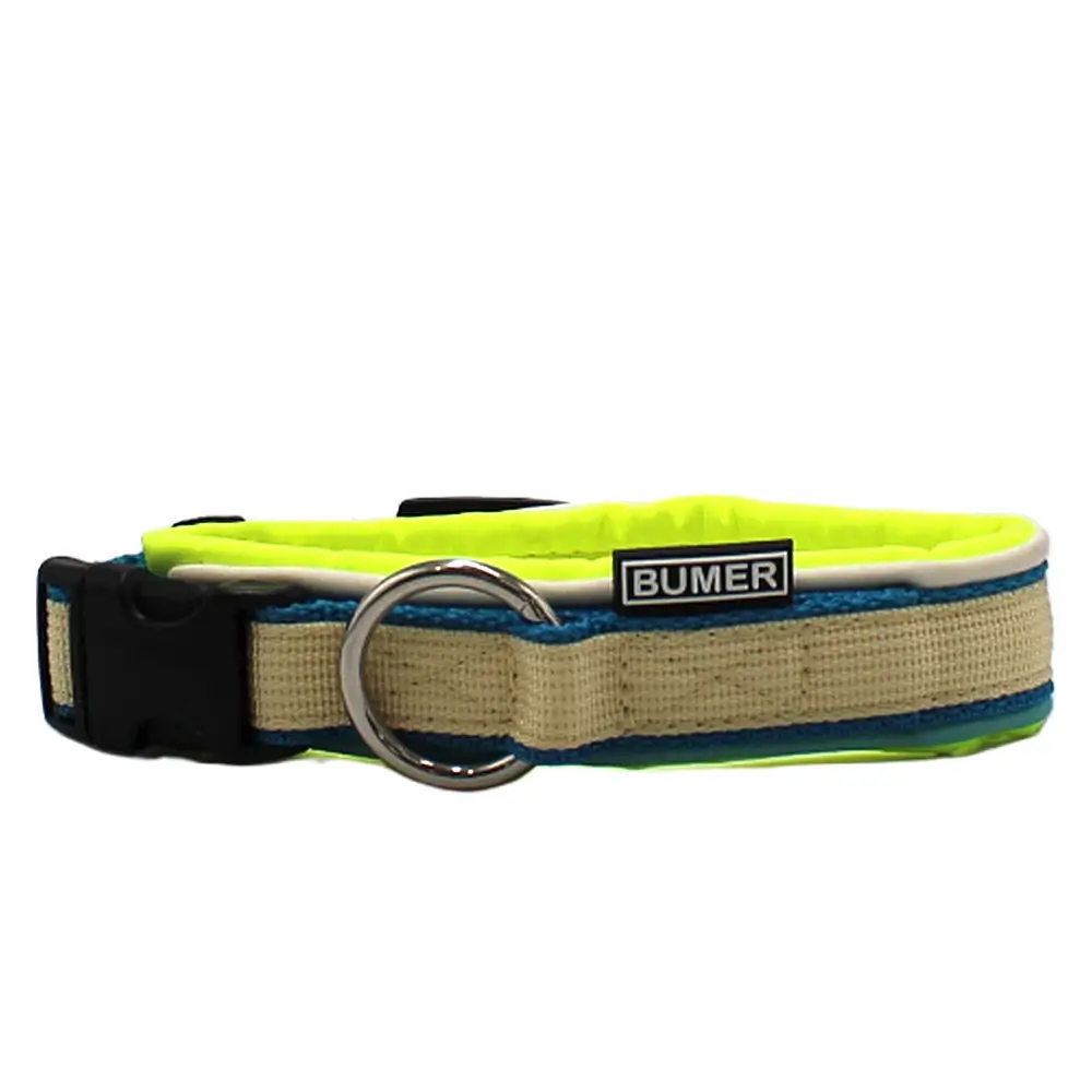 BUMER STACK IT® Steckhalsband, Halsumfang 30-36 cm, Gurtband Türkisblau/Buttercreme, Softshell Neongelb, Ring silberfarbig (Edelstahl), Schnalle schwarz (DURAFLEX®)