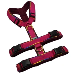 BUMER Sicherheitsgeschirr, Größe M, Gurtband PREMIUM Fuchsia Flare, Softshell Rubintango, Ringe goldfarbig, Schnallen schwarz (DURAFLEX®)