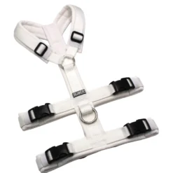 BUMER Sicherheitsgeschirr, Größe M, Gurtband PREMIUM Silken Snow, Softshell Weiss, Ringe silberfarbig (Edelstahl), Schnallen schwarz (DURAFLEX®)