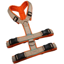 BUMER Sicherheitsgeschirr, Größe M, Gurtband PREMIUM Soft Beige, Softshell Naranjada, Ringe silberfarbig (Edelstahl), Schnallen schwarz (DURAFLEX®)