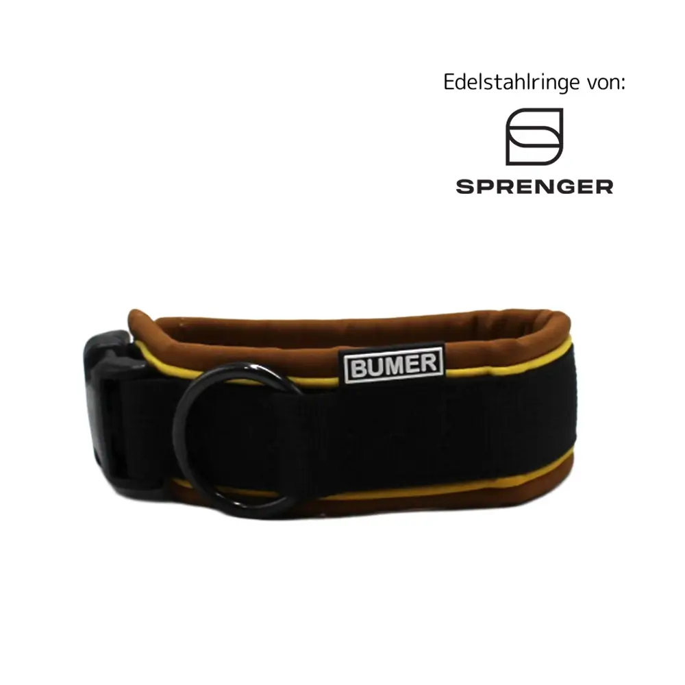 BUMER Steckhalsband, Halsumfang 29 cm, Gurtband PREMIUM Pitch Black, Softshell Caffe Latte, Ring schwarz (Edelstahl), Schnalle schwarz (DURAFLEX®)