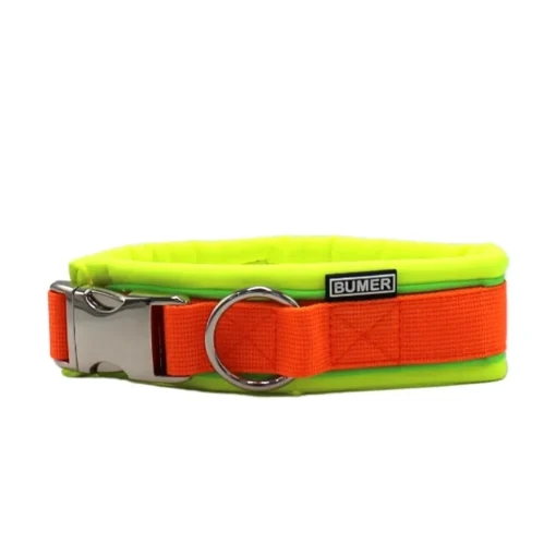BUMER Steckhalsband, Halsumfang 37 cm, Gurtband PREMIUM Electric Pumpkin, Softshell Neongelb, Ring silberfarbig (Edelstahl), Schnalle Aluminium