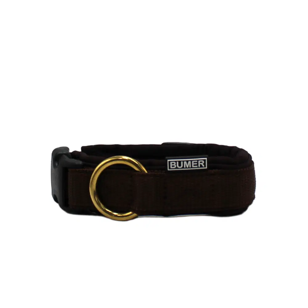BUMER Steckhalsband, Hundehalsband, Halsumfang 30-36cm, Gurtband PREMIUM X Chocolate Charm, Softshell Espresso, Ring goldfarbig