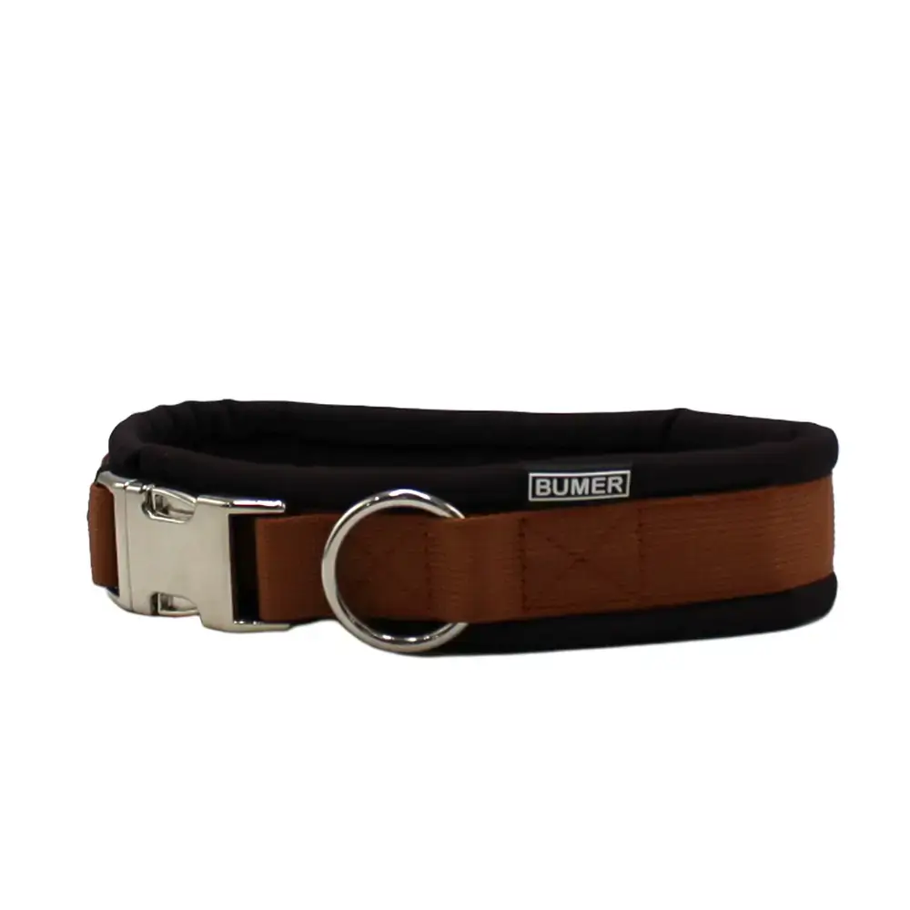 BUMER Steckhalsband, Hundehalsband für Hunde, gepolstert, Halsumfang 46cm, Gurtband PREMIUM Copper Glow, Softshell Ebenholzbraun, Ringe silberfarbig (Edelstahl)