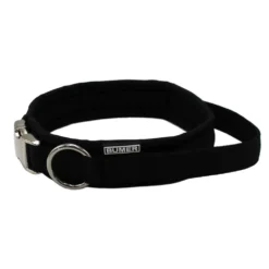 BUMER Steckhalsband mit Haltegriff, Halsumfang 42 cm, Gurtband PREMIUM Pitch Black, Softshell Schwarz, Ring silberfarbig (Edelstahl), Schnalle Aluminium