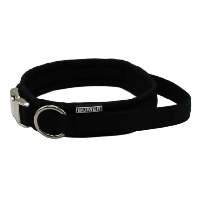 BUMER Steckhalsband mit Haltegriff, Halsumfang: 42 cm, Gurtband: PREMIUM Pitch Black, Softshell: Schwarz, Ring: silberfarbig (Edelstahl), Schnalle: Aluminium