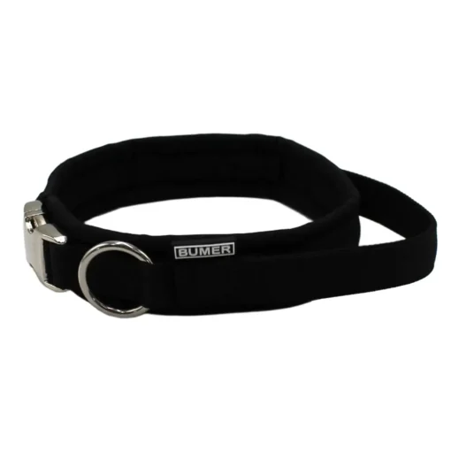 BUMER Steckhalsband mit Haltegriff, Halsumfang 42 cm, Gurtband PREMIUM Pitch Black, Softshell Schwarz, Ring silberfarbig (Edelstahl), Schnalle Aluminium