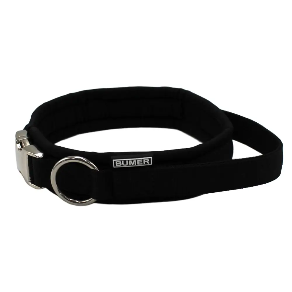 BUMER Steckhalsband mit Haltegriff, Halsumfang 42 cm, Gurtband PREMIUM Pitch Black, Softshell Schwarz, Ring silberfarbig (Edelstahl), Schnalle Aluminium