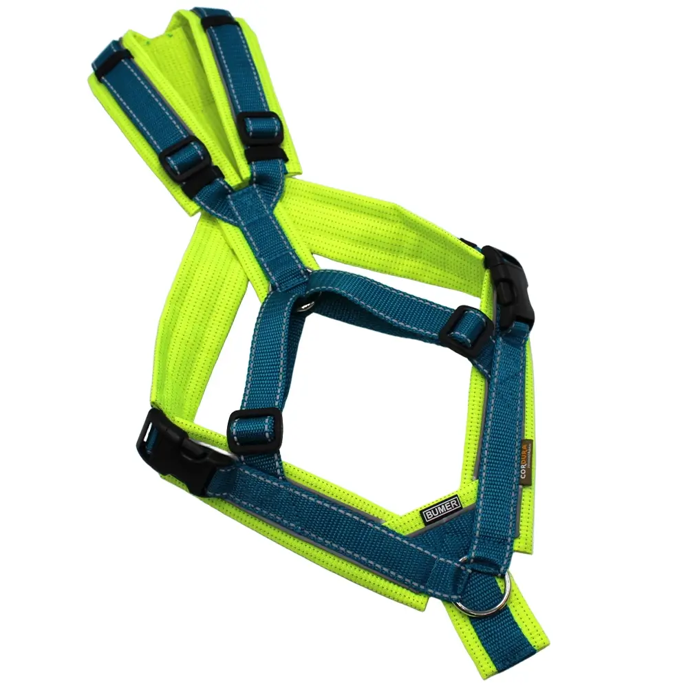 BUMER Trailgeschirr, Größe M, Gurtband Petrol REFLEX, CORDURA® Neongelb, Ringe silberfarbig (Edelstahl), Schnallen schwarz (DURAFLEX®)
