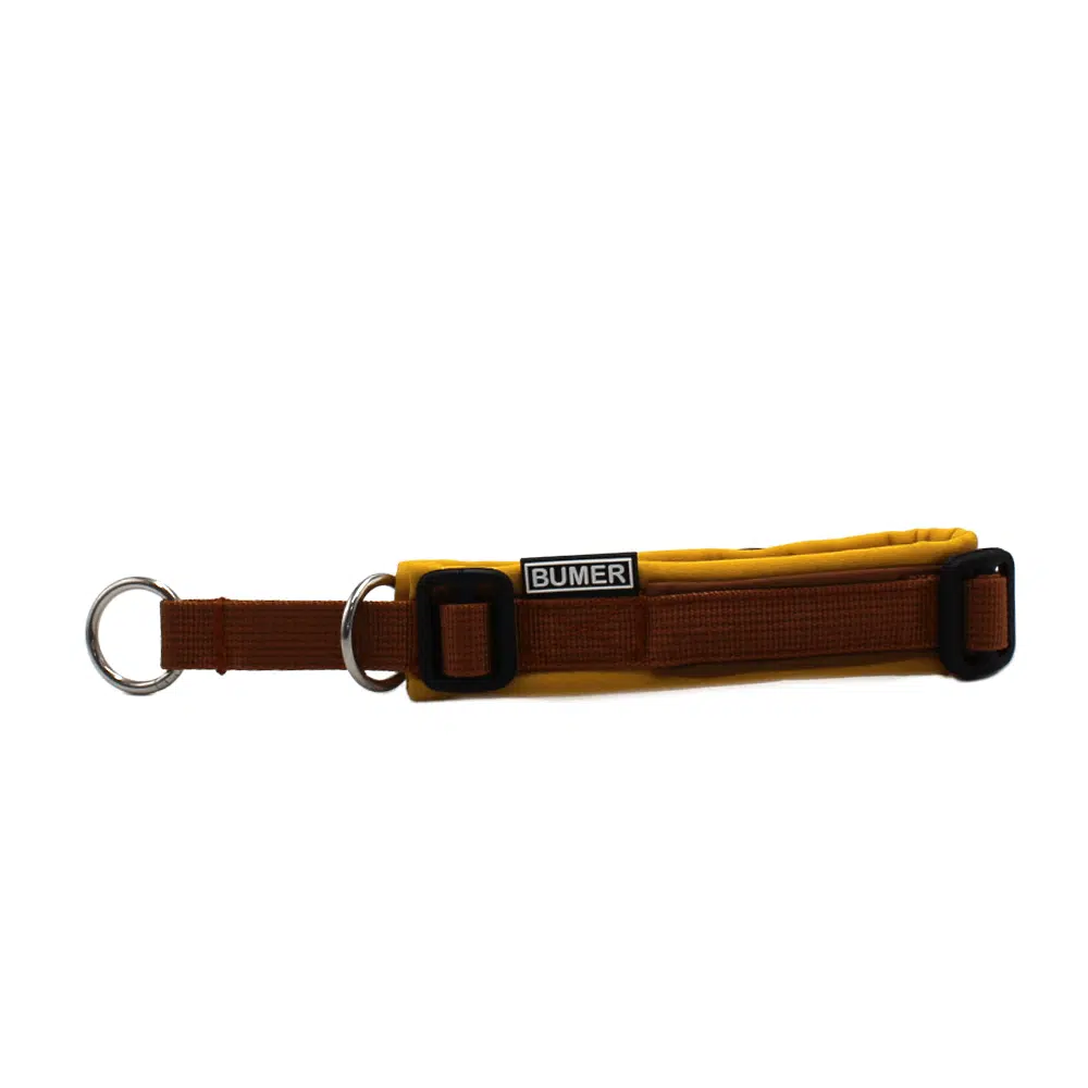 BUMER Zugstopp Halsband, Halsumfang 27-33 cm, Gurtband PREMIUM Copper Glow, Softshell Honignektar, Ring silberfarbig (Edelstahl), Paspeln Caffe Latte