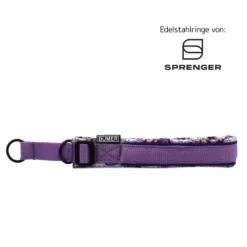 BUMER Zugstopp Halsband, Halsumfang 41-47 cm, Gurtband Violet, Softshell Einhorn #2, Ringe schwarz (Edelstahl), Paspel lila viola