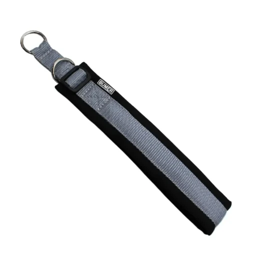 BUMER Zugstopp Halsband, Halsumfang 52-58 cm, Gurtband PREMIUM X Silbergrau, Softshell Schwarz, Ringe silberfarbig (Edelstahl)