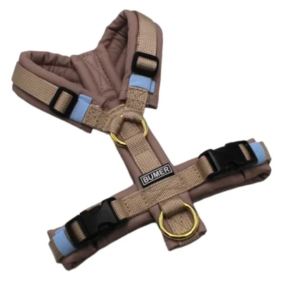 BUMER1000 Hundegeschirr, Größe XXS, Gurtband: PREMIUM Soft Beige, Softshell: Grautöne LG6065, Ringe: goldfarbig, Schnallen: schwarz (DURAFLEX®)