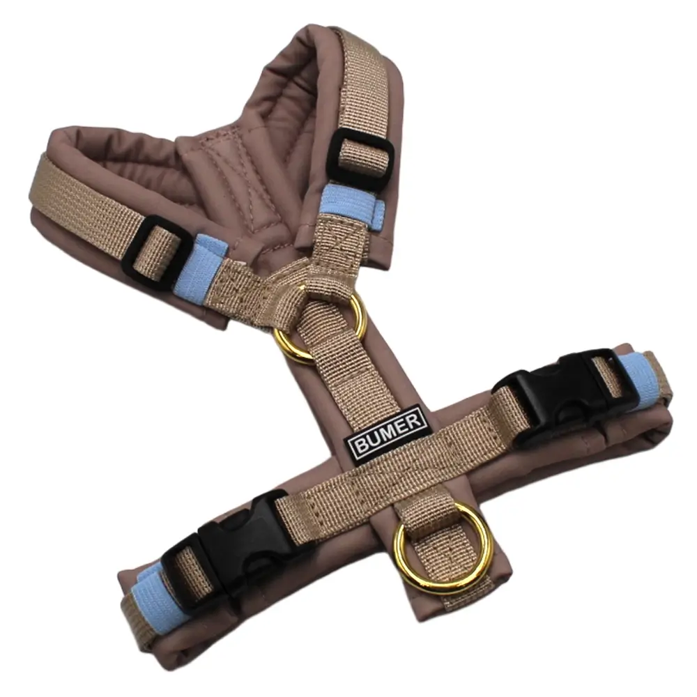 BUMER1000 Hundegeschirr, Größe XXS, Gurtband PREMIUM Soft Beige, Softshell Grautöne LG6065, Ringe goldfarbig, Schnallen schwarz (DURAFLEX®)