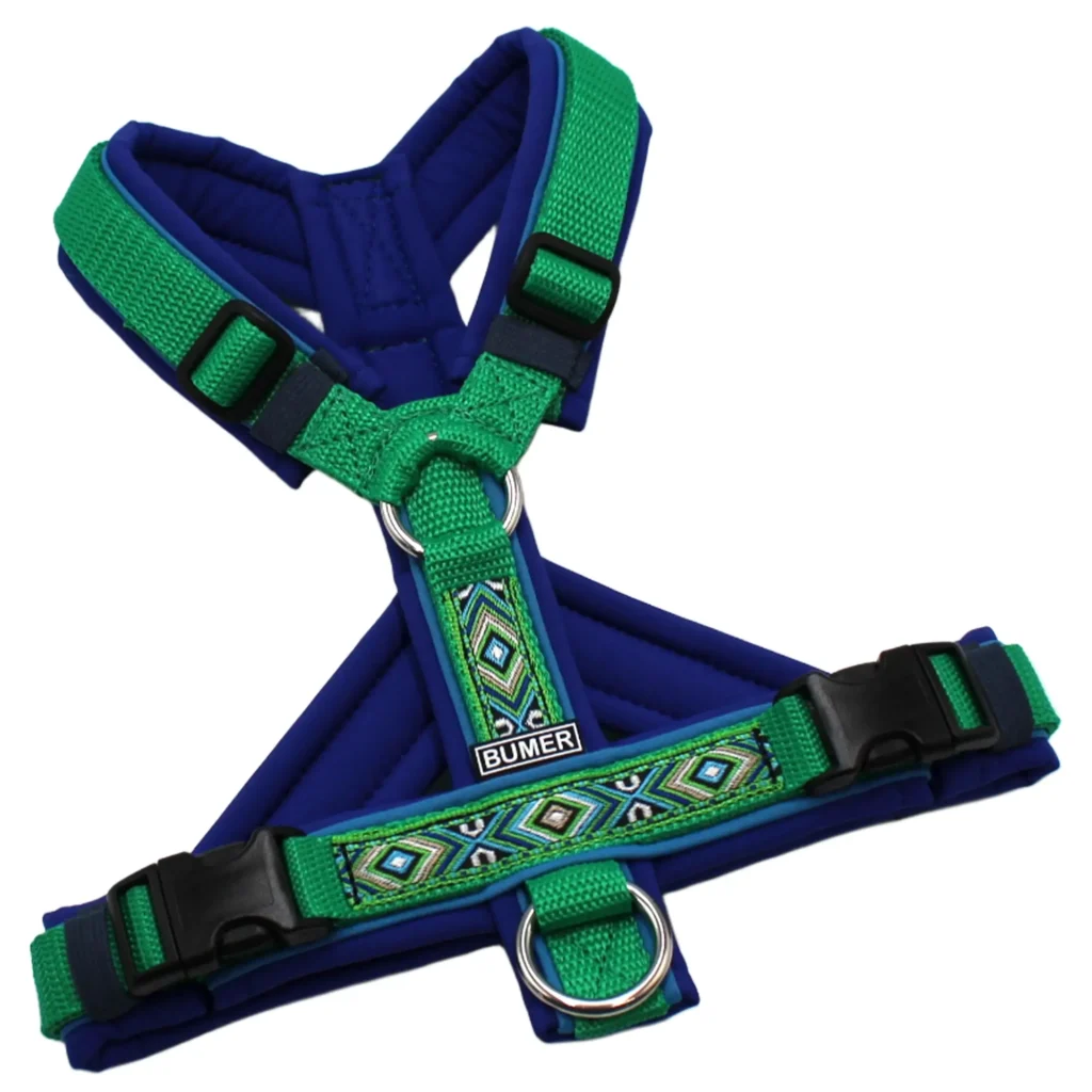 BUMER BOHO Hundegeschirr, Größe XS/S, Gurtband: PREMIUM X Fern Fantasy, Softshell: Royal, Ringe: silberfarbig (Edelstahl), Schnallen: schwarz (DURAFLEX®), Paspel: Eisvogelblau (komplett), Bruststeg: geteilt, flach