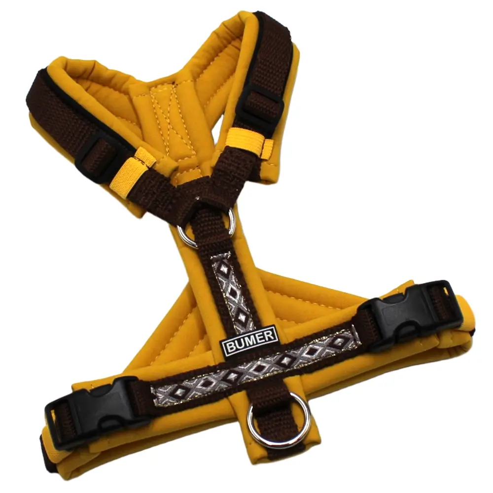 BUMER BOHO Hundegeschirr, Gurtband PREMIUM Chocolate Charm, Größe XXS/XS, Softshell Honignektar, Ringe silberfarbig (Edelstahl), Schnallen schwarz (DURAFLEX®), Paspel schwarz, Bruststeg geteilt, flach