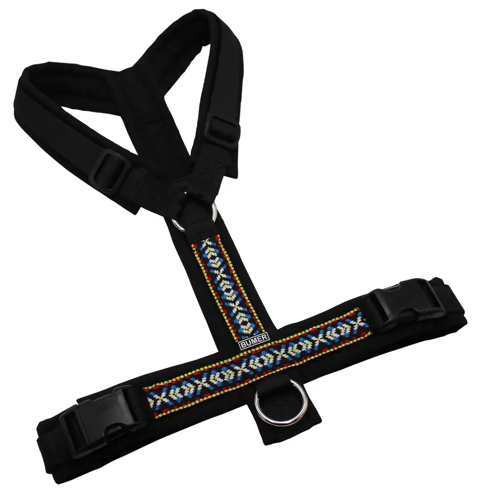 BUMER BOHO Hundegeschirr, gepolstert ohne geteilten Bruststeg, Größe L, Gurtband: PREMIUM Pitch Black, Softshell: schwarz, Ringe: silberfarbig (Edelstahl), Schnallen: schwarz