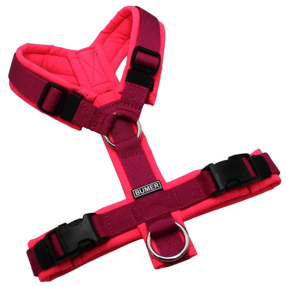 BUMER Hundegeschirr, Größe XS, Gurtband PREMIUM Fuchsia Flare, Softshell Neonpink, Ringe silberfarbig (Edelstahl), Schnallen schwarz (DURAFLEX®)