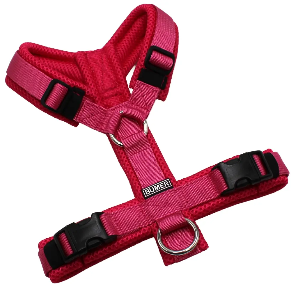 BUMER Hundegeschirr, Größe XXS, Gurtband PREMIUM Himbeer Sorbet, MESH Pink, Ringe silberfarbig (Edelstahl), Schnallen schwarz (DURAFLEX®)