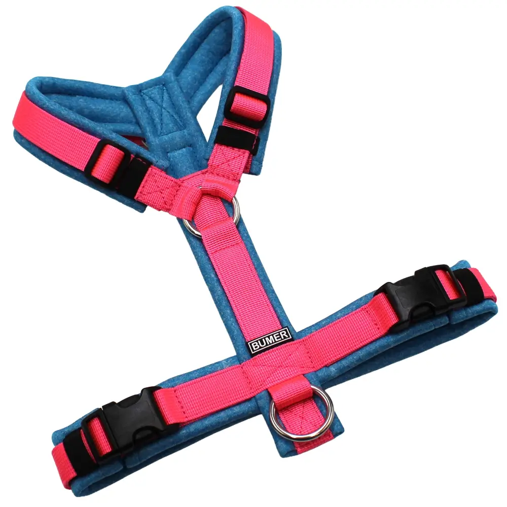 BUMER Hundegeschirr, Größe XXS, Gurtband PREMIUM Vibrant Magenta, Softshell Babyblau Meliert, Ringe silberfarbig (Edelstahl), Schnallen schwarz (DURAFLEX®)