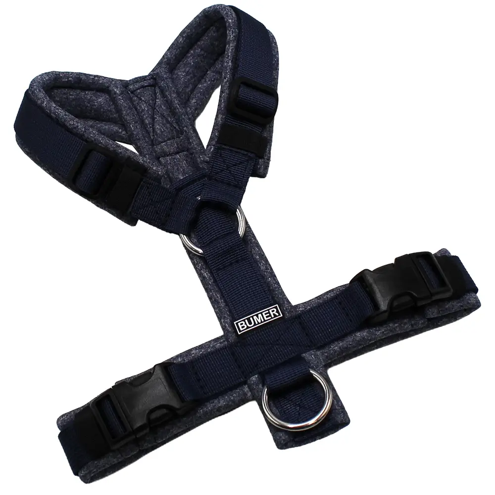 BUMER Hundegeschirr, Größe XXS/XS, Gurtband PREMIUM Midnight Indigo, Softshell Indigo Meliert, Ringe silberfarbig (Edelstahl), Schnallen schwarz (DURAFLEX®)