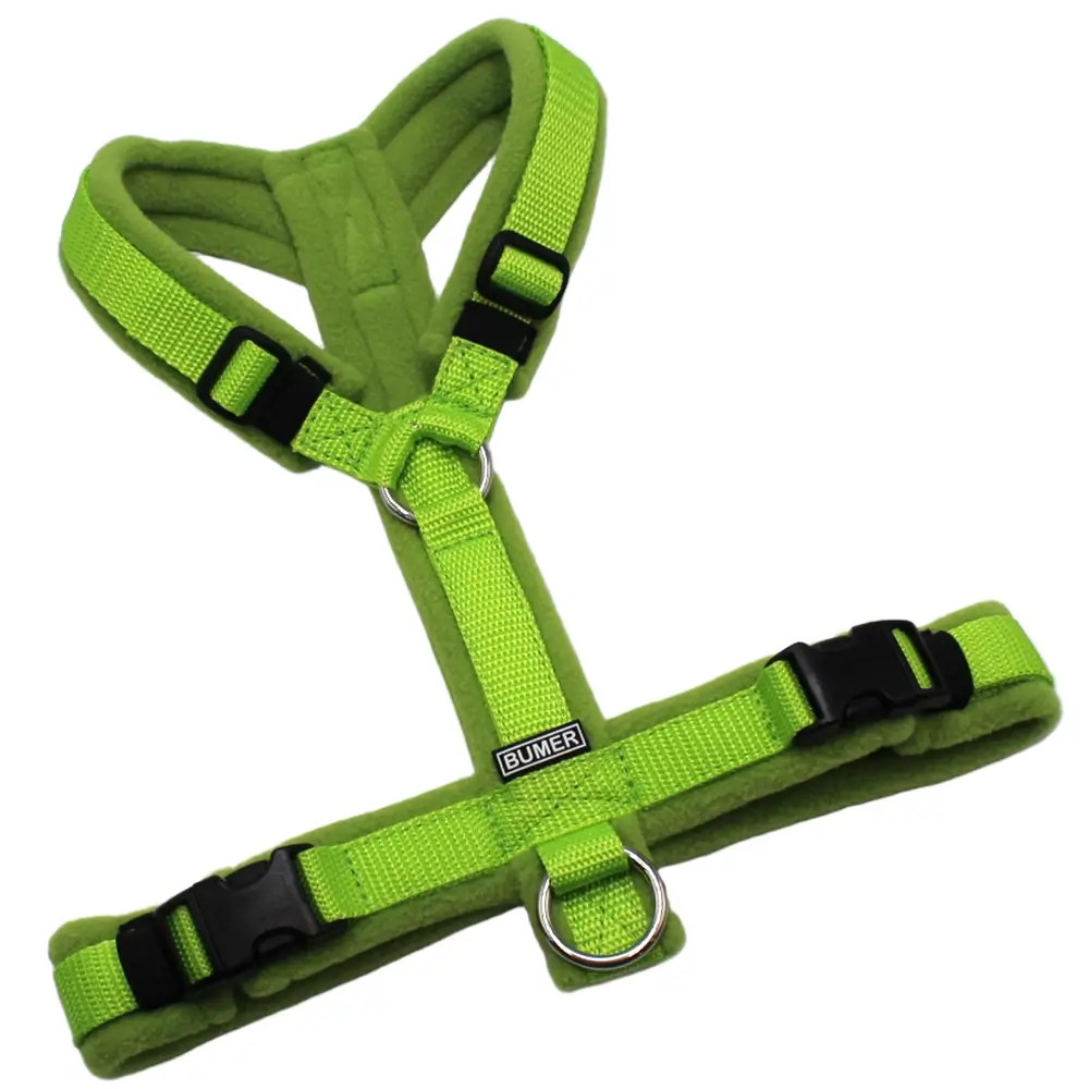 BUMER Hundegeschirr, Gurtband PREMIUM X Kiwi Kiss, Fleece Mossy Lime, gepolstert ohne geteiltem Bruststeg, Größe S/M, Ringe silberfarbig (Edelstahl), Schnallen schwarz (DURAFLEX®)