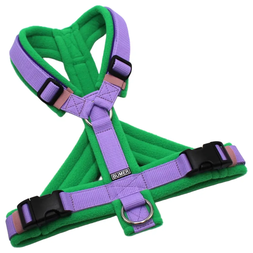 BUMER Hundegeschirr, Gurtband PREMIUM X Violet Veil, Fleece Pine Oasis, Größe M/L, Ringe silberfarbig (Edelstahl), Schnallen schwarz (DURAFLEX®)