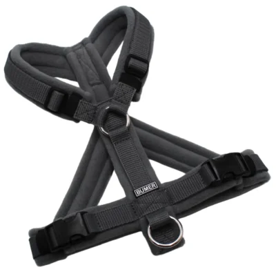 BUMER Hundegeschirr, Gurtband: STANDARD PLUS Dunkelgrau, Fleece: Driftwood Ash, gepolstert mit geteiltem Bruststeg, Größe S, Ringe: silberfarbig (Edelstahl), Schnallen: schwarz (DURAFLEX®)